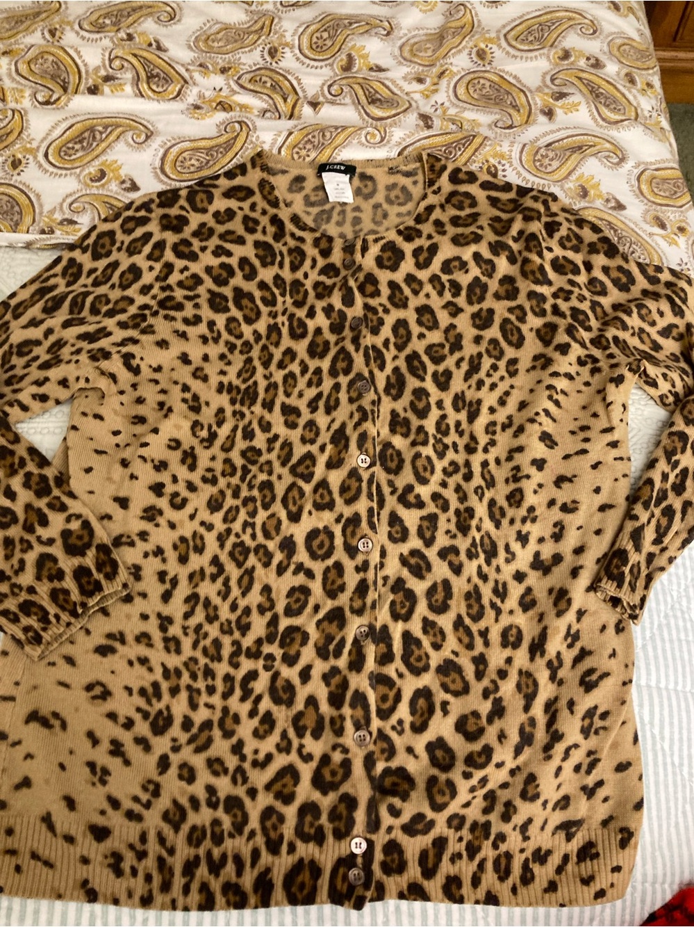 J Crew Leopard Print Cardigan Sz M Lightweight 100% Wool